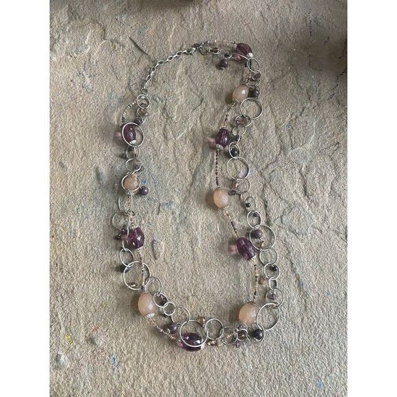 Layering Necklace Chain Purple Silver Tone Circles - Picture 1 of 6